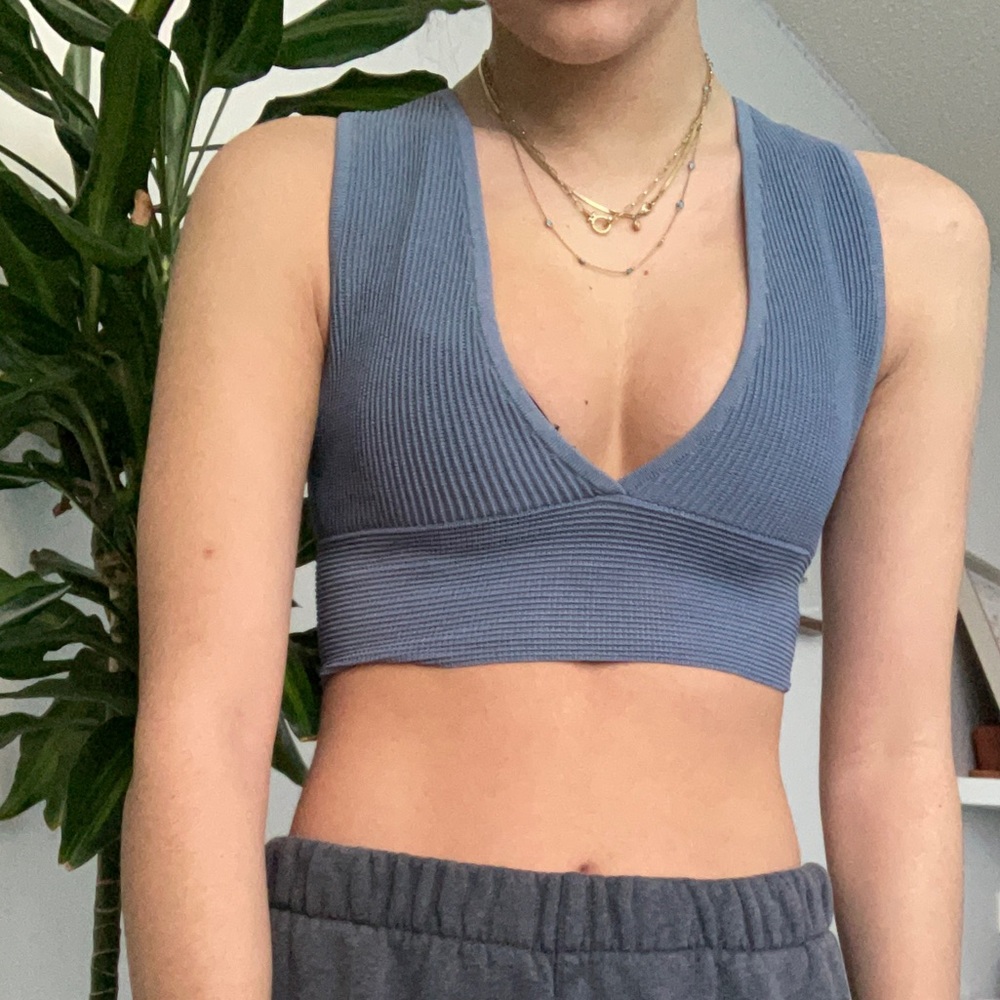 Blue Aritzia Babaton Deep V Sculpt Knit Tank Top in Color Slate